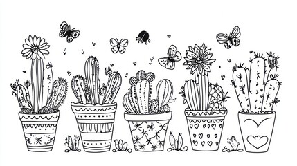 Cute potted cacti with butterflies, floral design, white background, coloring page