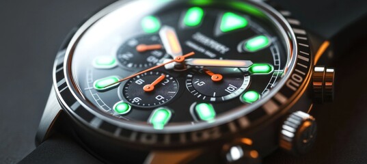 Close up of wristwatch showing time and glowing green markers