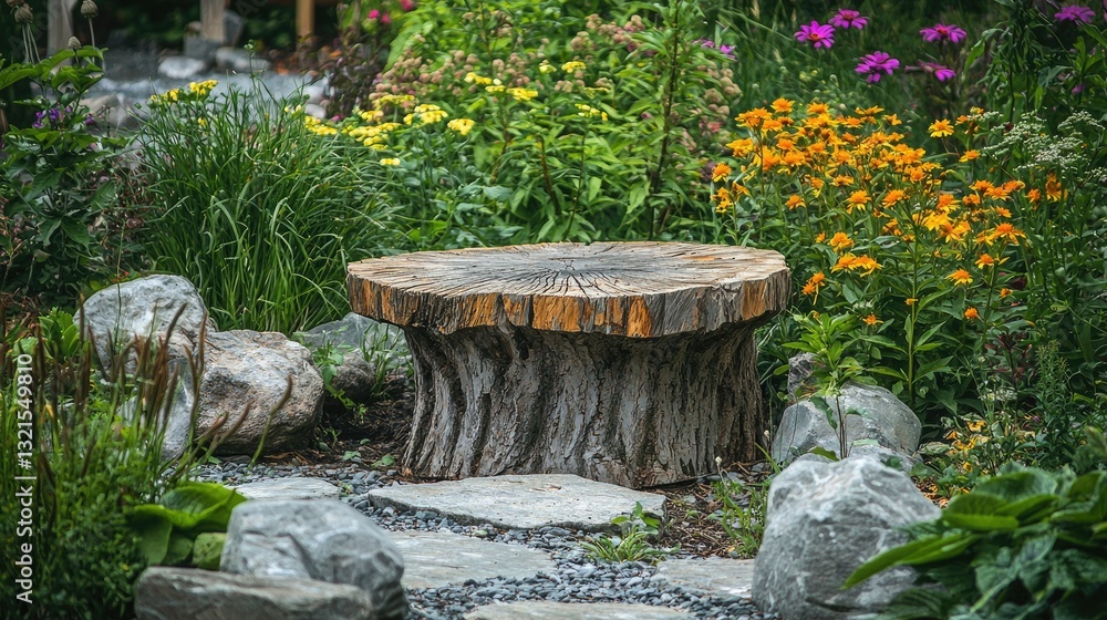 Aufkleber A tree stump used as a rustic bench in a natural setting 