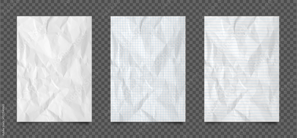 Aufkleber crumpled notebook paper sheets. realistic white, striped and square grid pages with crumpled texture