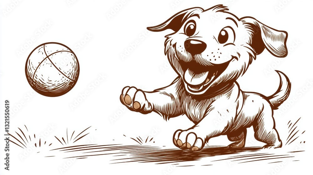 Aufkleber happy cartoon dog joyfully chasing a ball in simple line drawing style with playful expression and f