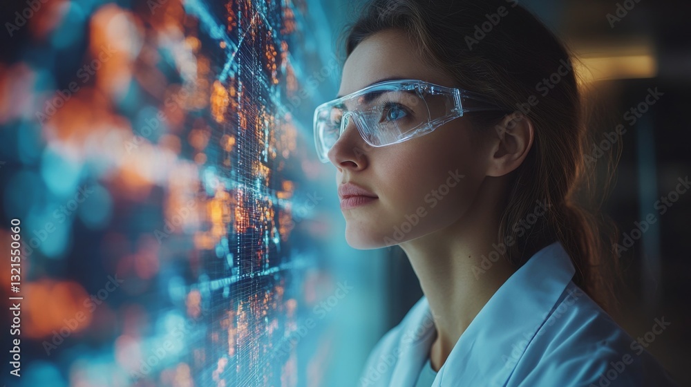 Poster A focused researcher studies a digital display illustrating quantum concepts like qubits, superposition, and entanglement in a high-tech lab environment.