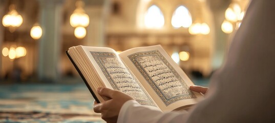Muslim man reading holy quran inside mosque during ramadan
