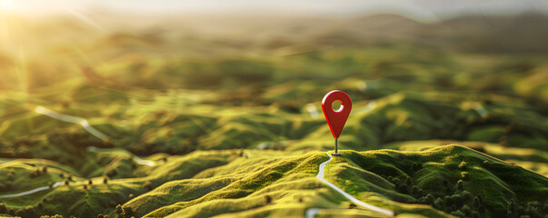 Scenic view of location pin on rolling green hills