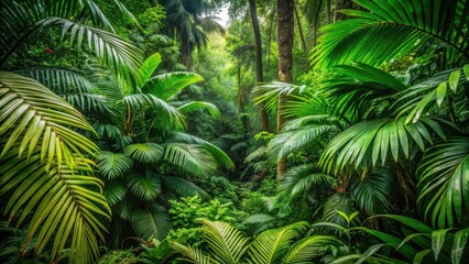 Fototapeta premium Dense foliage with vibrant green leaves in a tropical forest setting