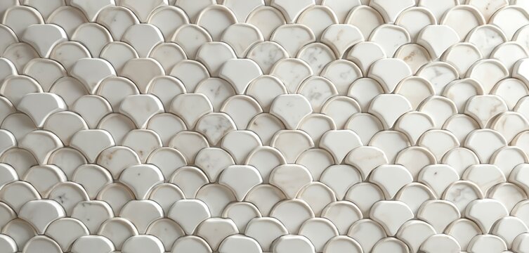 Close-up on white marble mosaic tile with arched fan-shaped elements. Abstract texture, material, wallpaper for interior design. Kitchen bathroom wall, floor decor. Elegant surface tiling seamless