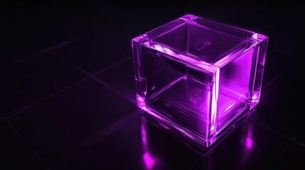 A translucent purple glass cube illuminated against a dark background, showcasing reflections and lighting effects