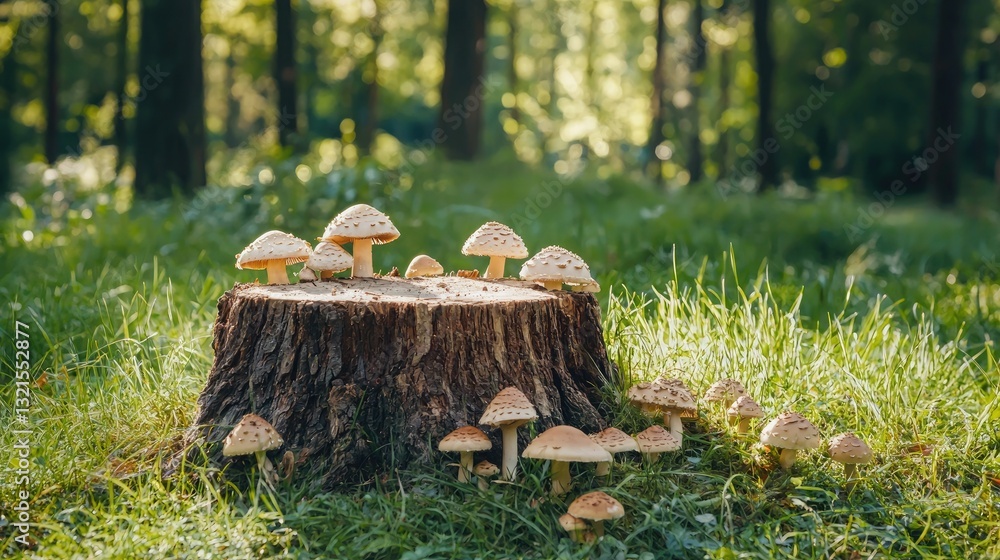 Poster A tree stump surrounded by grass and mushrooms in a forest clearing. 