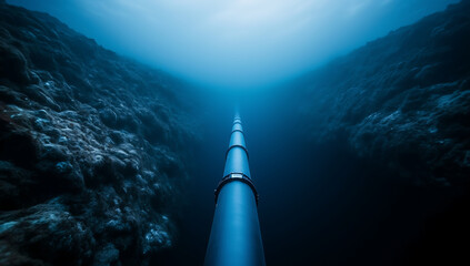 Underwater deep-sea fiber optic communication cable stretching along the ocean floor for global internet connectivity