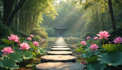 Zen Japanese garden. Lotus flowers bloom near stone path across pond leading to oriental gazebo. Serene nature landscape, tranquility, zen atmosphere. Natural beauty harmony, balance, inspiring