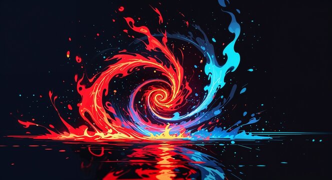 Abstract red cyan spiral flame burning sparks anime on plain dark black background illustration