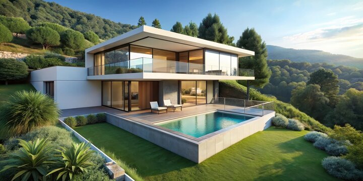 Modern minimalist cube villa on hill with pool and balcony surrounded by lush greenery and scenic views , hilltop properties, minimalist villas - Powered by Adobe