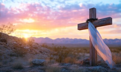 Wooden Cross with Shroud at Sunset Easter Religious Symbol