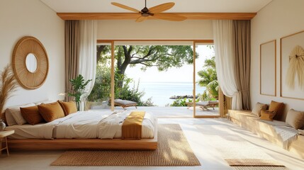 Seaside serenity: A luxurious bedroom with ocean view and natural elements