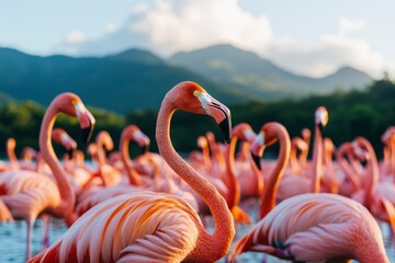 Obraz premium Pink flamingos in a shallow water