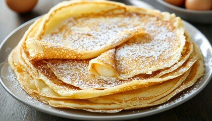 Stack of golden pancakes topped with powdered sugar