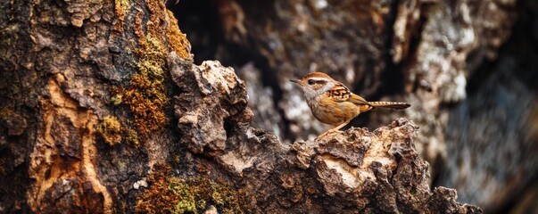 A small brown and white bird perched on textured wood