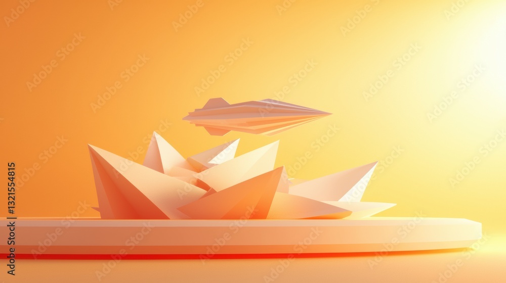 Aufkleber a futuristic 3d spaceship icon floating above geometric paper structures in golden hour illumination