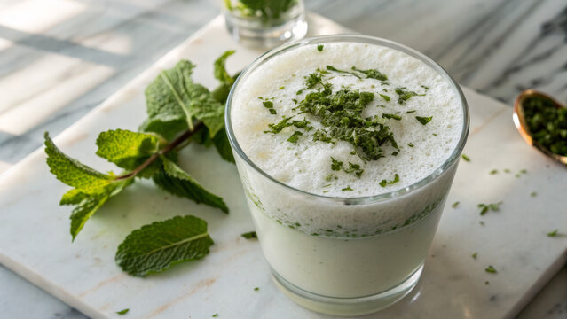 Close-up of frothy ayran with chopped mint on white marble countertop