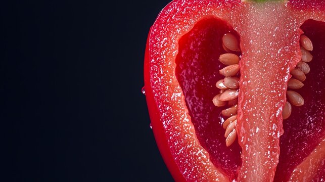 A close-up of a halved red bell pepper with glossy skin and tiny seeds inside, set against a dark background to enhance the contrast and vibrancy of its bold color.