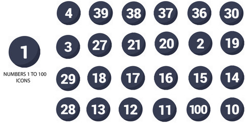 Number 1 TO 100 simple concept 24 colour icons set. Contains such 1-100, count, hundred, learn, numeric, one .Vector illustration.
