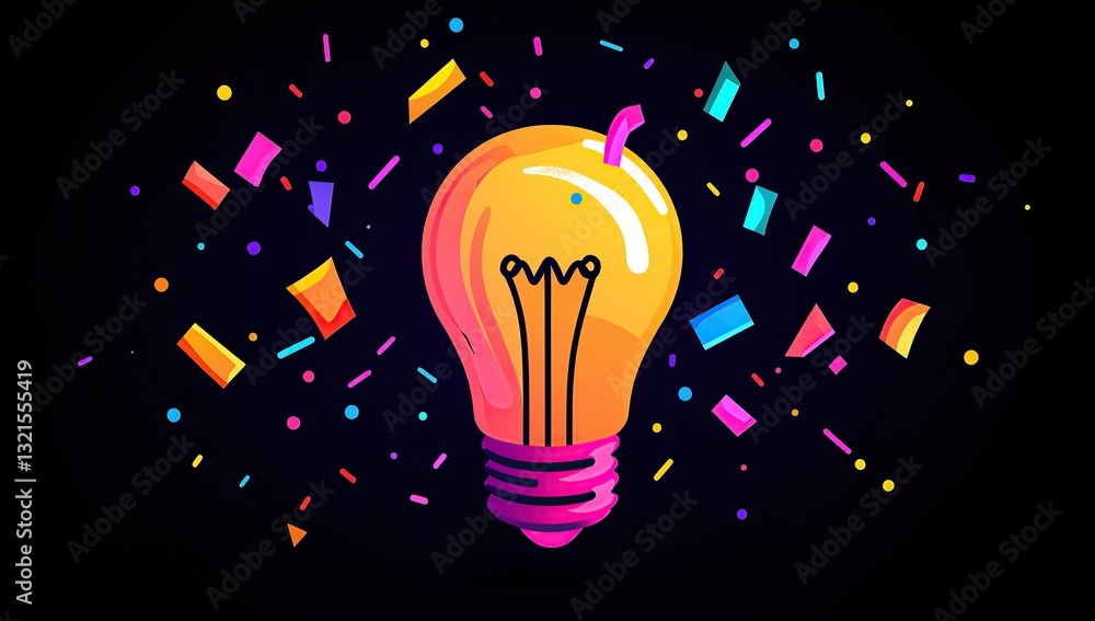 Poster abstract light bulb with colorful geometric shapes and confetti on a dark background