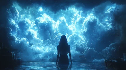 Handdoek met foto Meisjeskamer Enthralling encounter of woman with celestial cloudscape in twilight ambiance  © Biancaart