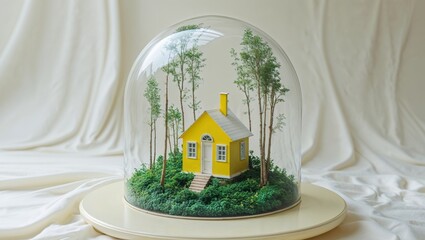 A miniature yellow house surrounded by trees inside a glass dome on a neutral background