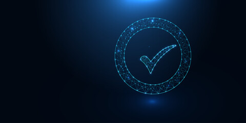 Abstract futuristic vector of Check Mark icon in the form of a starry sky space. consisting of points, light, lines, and shapes in the form of design. Low poly Tick Sign vector on blue background.