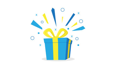surprise blue gift box, birthday celebration, special give away package, loyalty program reward, wonder gift with exclamation mark, vector icon, flat illustration