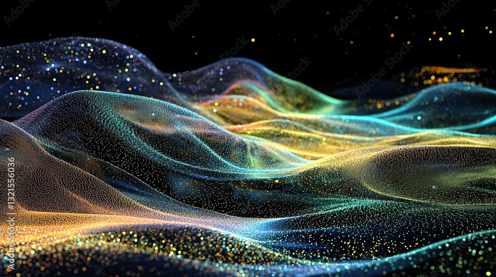 Poster innovative glowing wave of small particles, forming a smooth and flowing digital pattern