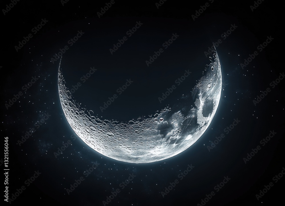 Wall mural crescent moon in deep space illuminated by soft rim light with high contrast in a dark background