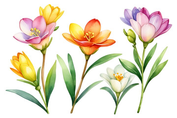 Fototapeta premium Watercolor Flower Illustration Colorful Spring Flowers on Black Background Isolated Elements