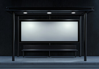 Modern dark bus stop with a blank mock-up illuminated advertising billboard, ready for marketing or branding content