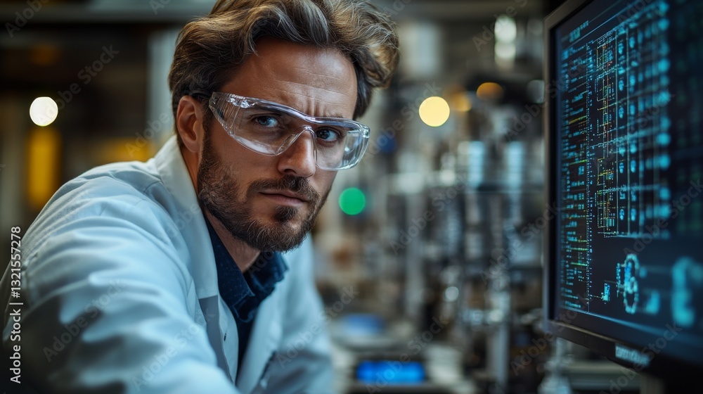 Poster A focused scientist works on complex quantum experiments using advanced digital simulations, monitoring various data outputs in a high-tech laboratory environment.