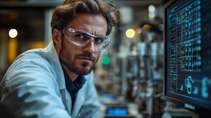 A focused scientist works on complex quantum experiments using advanced digital simulations, monitoring various data outputs in a high-tech laboratory environment.