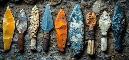 An intriguing display of ancient handcrafted stone age tools and weapons