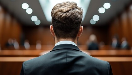 Fototapeta premium A future lawyer standing in a courtroom, dressed in a suit, passionately presenting their case with confidence.