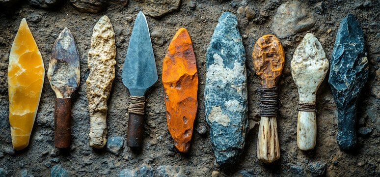 An intriguing display of ancient handcrafted stone age tools and weapons