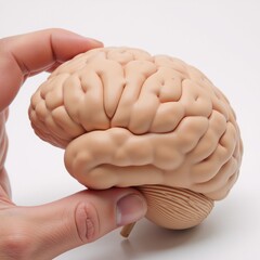 White-background image showcases detailed human brain model with visible texture in hand