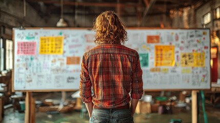 Obraz premium Creative Professional Analyzing Artistic Sketches in Vibrant Workspace