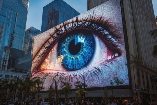 A billboard sized eye watching over a city square, its pupil dilating with every passerby