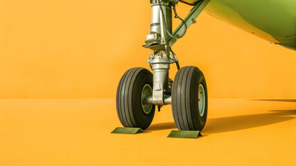 Detailed close-up of airplane landing gear under bright daylight