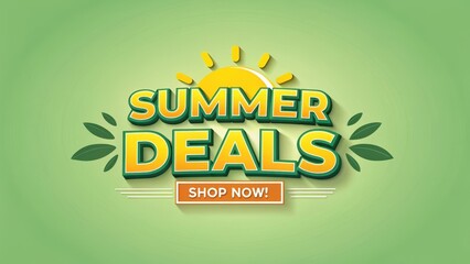 Summer sale promotion with special deals and discount. Bright summer deals promotion with a sun and green background.