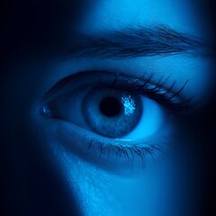 Close up of an eye with corporate blue lighting