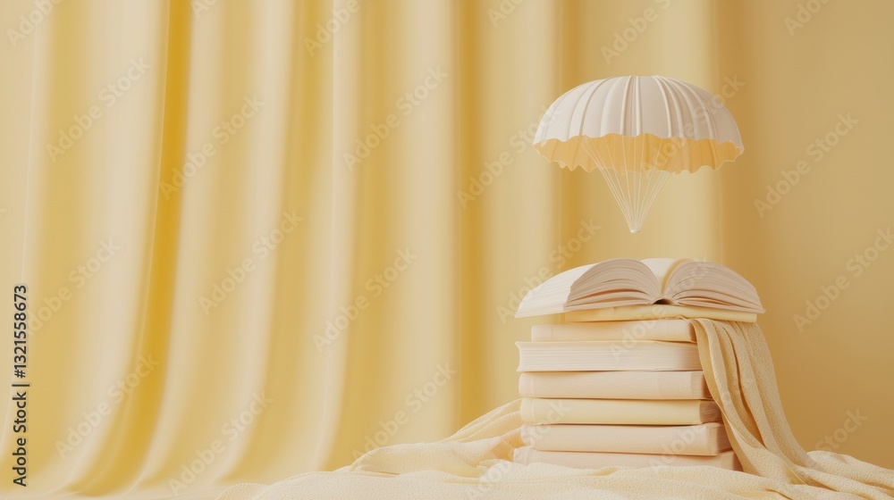 Poster parachute drifting above stack of books with soft yellow background and elegant design