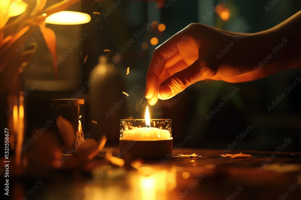 Poster A person lights a candle on a table in a warm and intimate setting