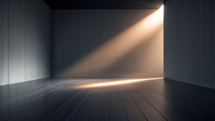 A dark room with a light shining on the floor.