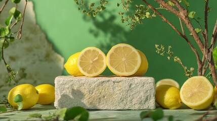 Professional Arrangement of Stone Block and Fresh Lemons for Home Decor and Interior Design