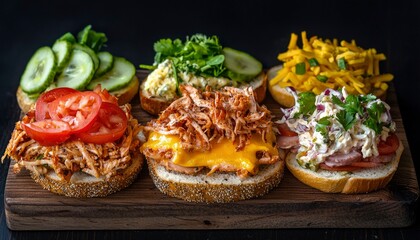 Assorted gourmet sandwiches on a wooden board